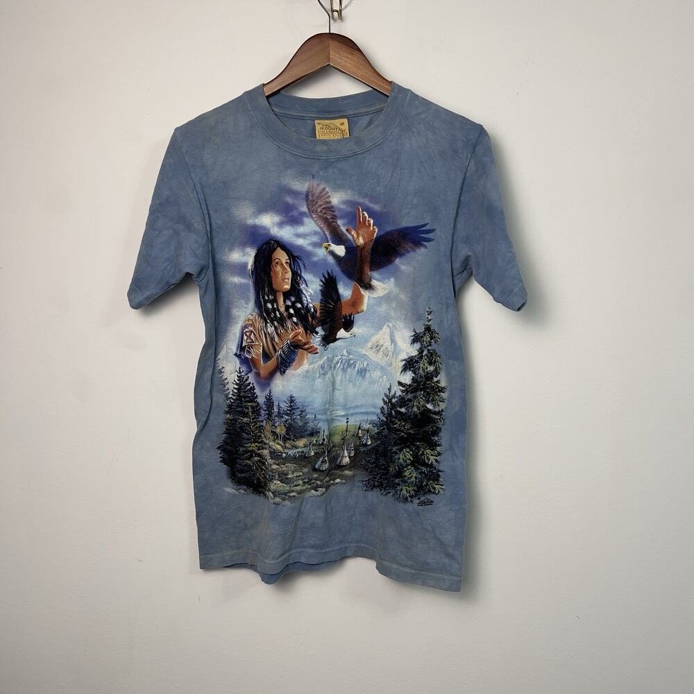 VTG The Mountain Blue Dyed Female Native American Eagle Cripple Creek Med TShirt